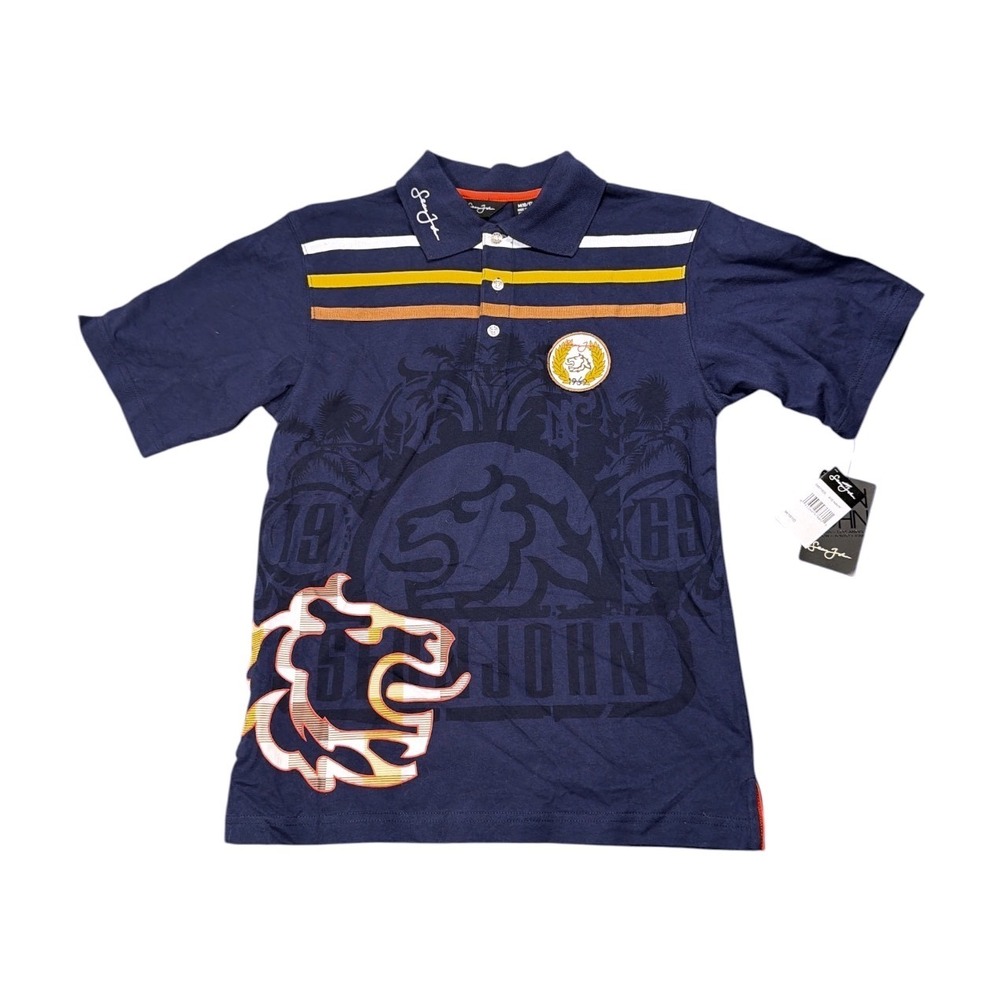 Sean John Boys Navy Blue Graphic Polo Shirt Lion Crest Size M 10/12